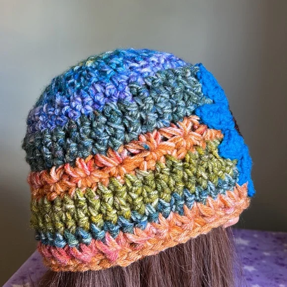 Crochet sunflower beanie soft double strings acrylic new comfortable medium - Picture 9 of 10